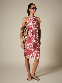 KSTM Zebra Print Sleeveless Midi Dress With Round Neck, Tie Waist Belt And Cargo Pockets, Summer Holiday - Multicolor - View 3