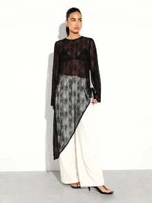KSTM Sheer Lace Asymmetrical Hem Long Sleeve Top With Floral Lace Detail And Crew Neckline Evening Party Wear - Black - View 7