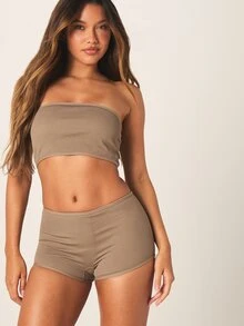 MISSGUIDED Ribbed Bandeau Crop Top And Boyshorts Matching Set, Seamless Strapless Bra And Shorts Lounge Co-Ord - Brown - View 5