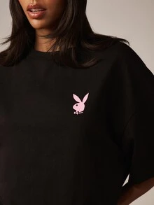 Missguided x Playboy Graphic Oversized Crew Neck T-Shirt With Bunny Logo Print Front And Back - Black - View 4