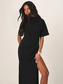 MISSGUIDED Vestido midi o largo con camiseta, detalle de nudo retorcido, mangas cortas, abertura alta y ajuste relajado para la noche y salidas - Negro - Ver 5