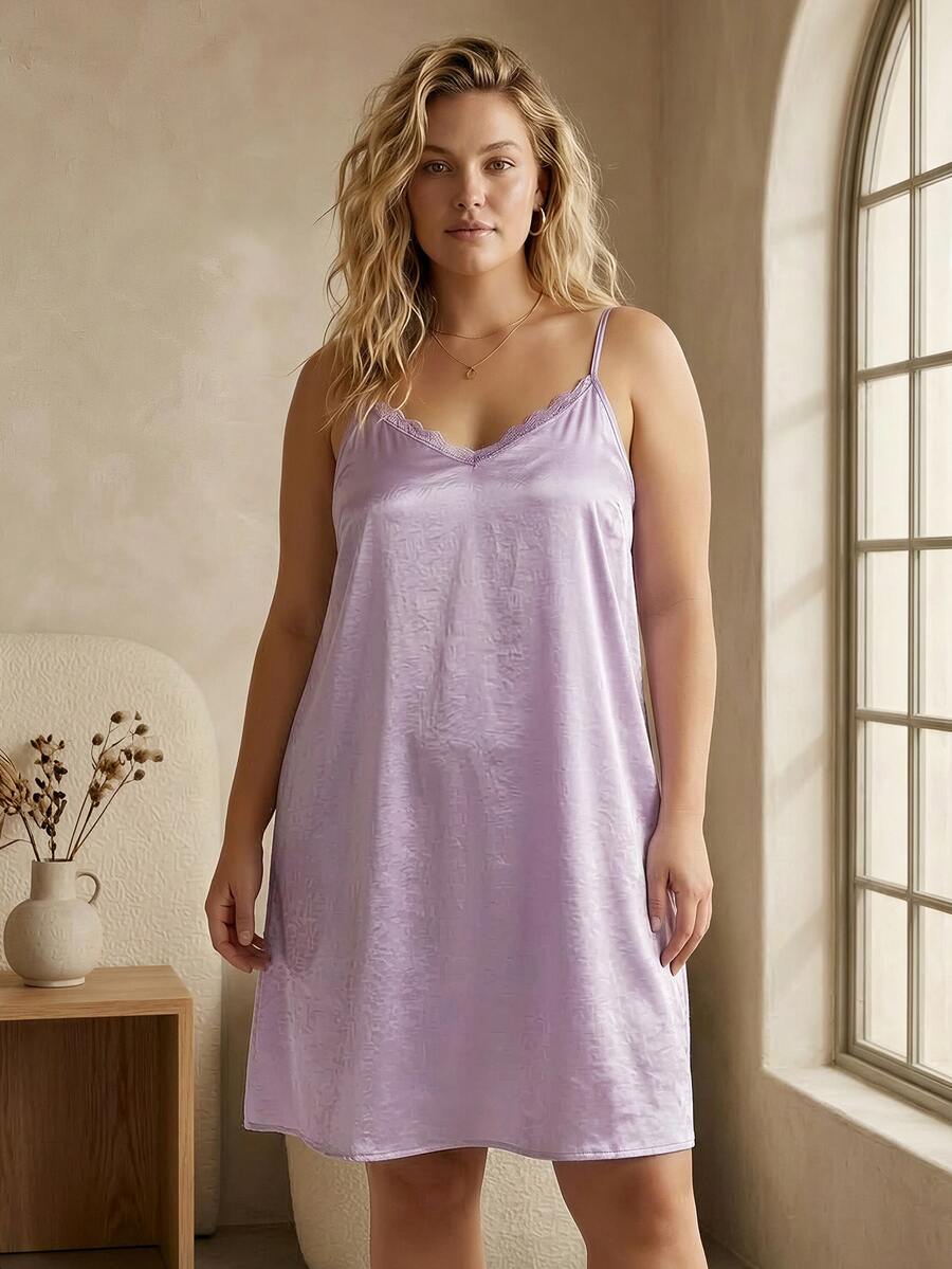 ELLERISSA Vestido de dormir camisola de cetim com renda roxa, tamanho grande - Roxa - Ver 1