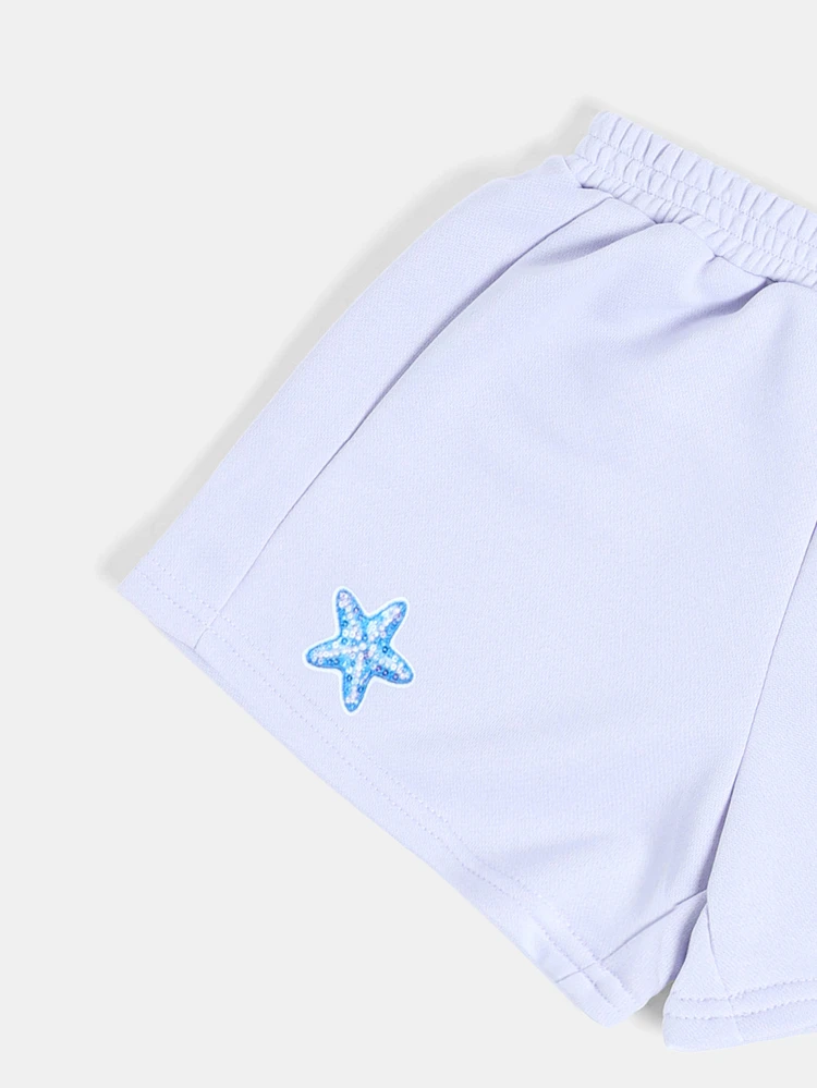 Set coordinato di top corto e pantaloncini per ragazze, con ricami di frutti estivi e ciliegie, colore lavanda