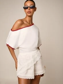 AiiRZ Off-Shoulder Batwing Sleeve Top With Contrast Red Zigzag Stitch Trim And Asymmetric Neckline - White - View 5