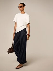 AiiRZ Ruched Side Drawstring T-Shirt With Shoulder Pads, Asymmetric Hem Crew Neck Short Sleeve Top - White - View 5