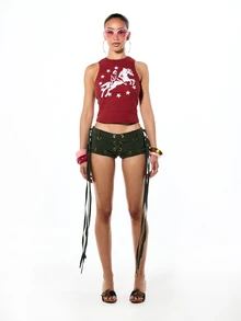SUMWON WOMEN Ribbed Crop Racer Tank Top With Cowboy Horse Graphic And Star Print, Sleeveless Festival Summer Top - Red - View 3