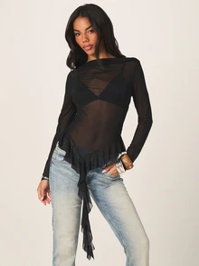 MISSGUIDED Sheer Mesh Long Sleeve Top With Asymmetric Ruffle Frill Hem, Party Night Out Layer - Black - View 1