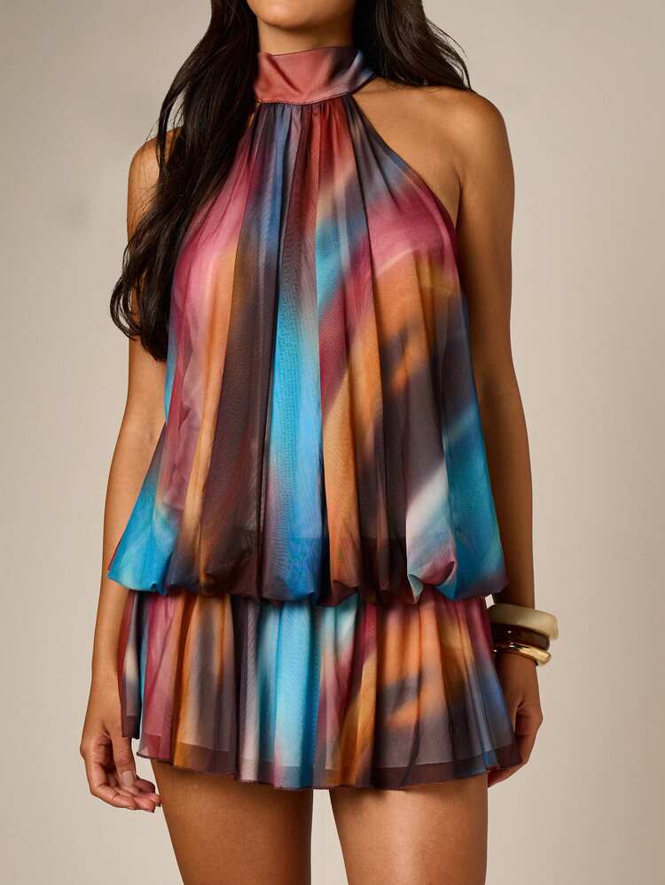 Printed Halter Neck Blouson Mini Dress With Tiered Ruffle