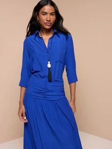 KSTM Conjunto de camisa y falda con cintura fruncida y mangas tres cuartos para verano y vacaciones en la playa - azul real - Ver 6