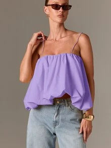 AiiRZ Top de tirantes finos con cuello cuadrado, plisado bohemio y bajo abombado, blusa de verano fluida - Lila Púrpura - Ver 5