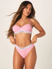 MISSGUIDED Textured Mesh Balconette Bralette And High Cut Thong Lingerie Set With Logo Waistband - Pink - View 1