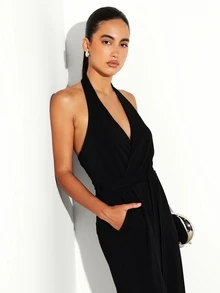 KSTM Bộ jumpsuit cổ yếm, cổ chữ V khoét sâu, ống rộng và thắt eo, thanh lịch cho các dịp dạ hội. - màu đen - Xem 4