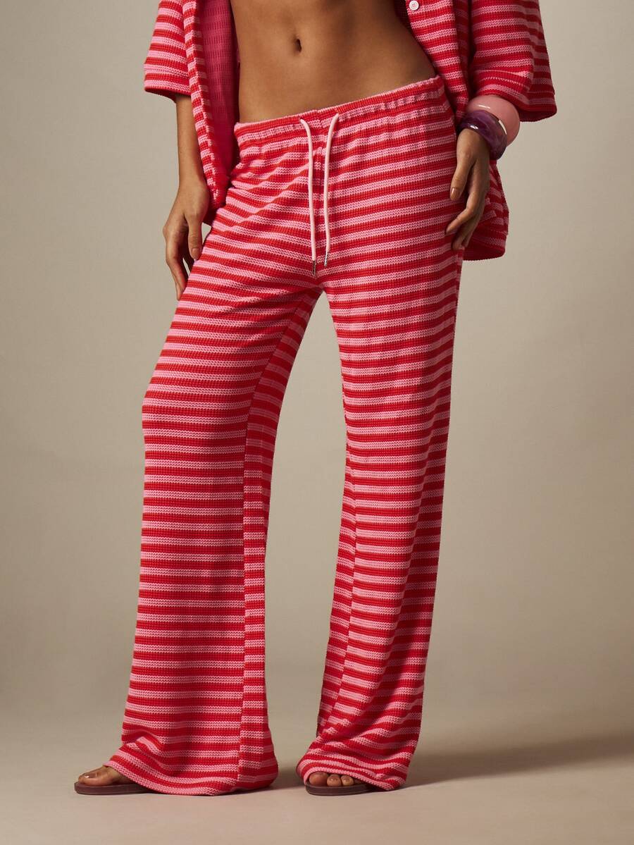 MISSGUIDED Pantalones de punto de pierna ancha a rayas con cintura con cordón, pantalones de playa de verano - Rosa - Ver 1