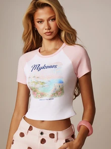 MISSGUIDED Mykonos Island Graphic Crop Raglan T-Shirt With Scenic Watercolor Print And Colorblock Sleeves - White - View 5