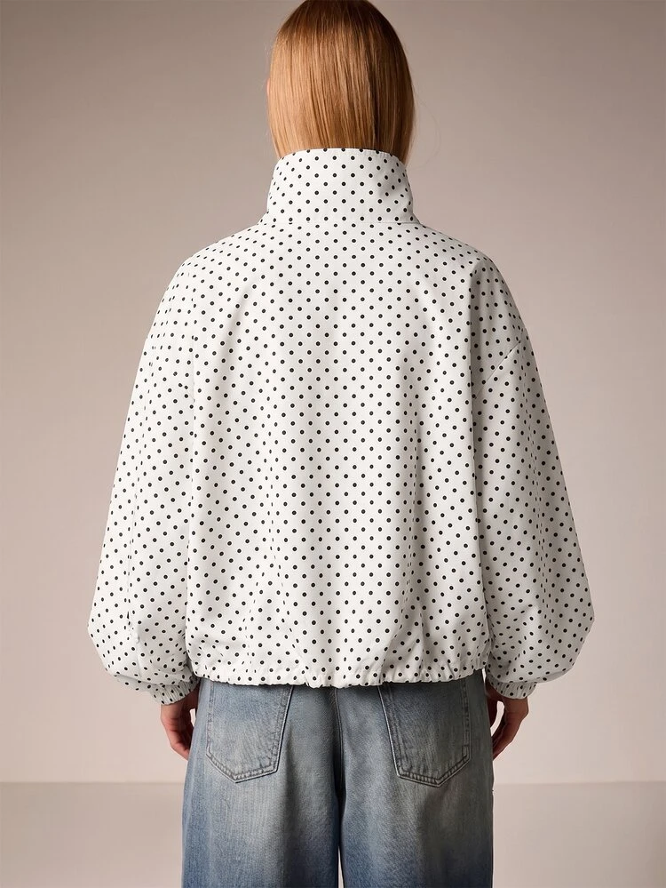 Funnel Neck Half Zip Jacket With Polka Dot Print