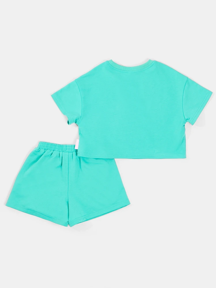 Girls Crop T-Shirt And Shorts Co-Ord Set With Chasing The Sun Embroidered Graphic, Summer Holiday Matching Outfit Age 4