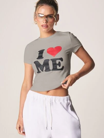 MISSGUIDED 我爱我自己图案短款圆领短袖T恤