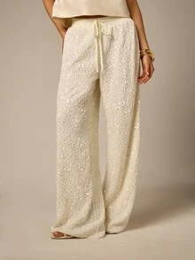 AiiRZ Quần ống rộng đính sequin, có dây rút ở eo, thích hợp cho các buổi tiệc tối và các dịp lễ hội. - Màu be - Xem 3