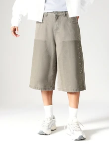 SUMWON Carpenter Denim Jort Wide Leg Baggy Shorts With Rhinestone Dot Detail And Patch Pockets Summer Street Style - Grey - View 4