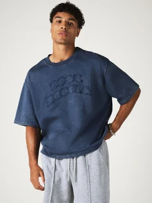SUMWON Oversized Boxy Fit Acid Washed T-Shirt With Lost Angels Embossed Gothic Letter Graphic - Blue - View 4
