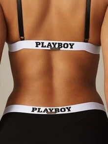 Missguided x Playboy 带有标志性饰带的Logo文胸和四角裤配套内衣套装 - 黑色 - 查看 4