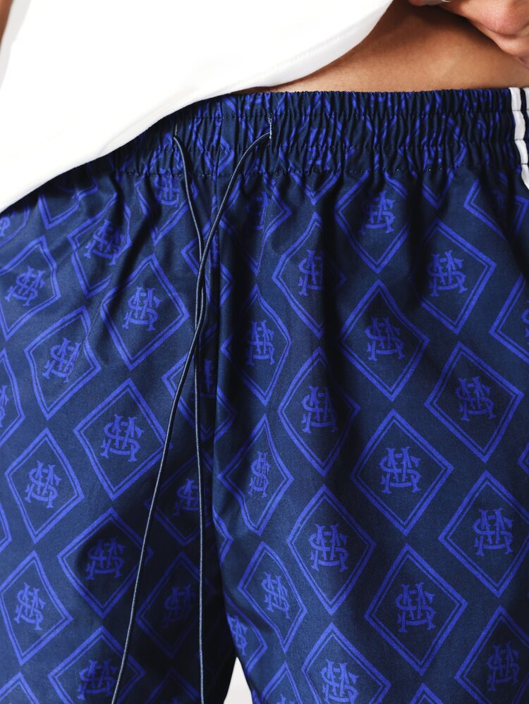 Pantaloncini da spiaggia casual in nylon con stampa monogramma a diamante, coulisse e dettaglio a righe laterali
