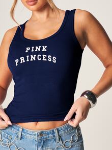 MISSGUIDED Pink Princess Graphic Ribbed Crop Tank Top With Scoop Neck And Varsity Text Print For Summer - Navy Blue - View 5