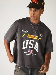 SUMWON Studios USA Racing Graphic Oversized Cropped Tee With Multi-Badge Print And Vintage Washed Finish - Grey - View 3
