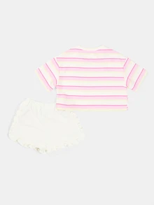 SUMWON Girls Striped Crop T-Shirt And Ruffle Shorts Co-Ord Set With Bow Patch Detail Summer Casual Outfit - Pink - View 2