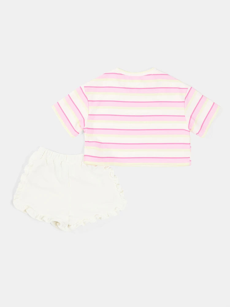 Girls Striped Crop T-Shirt And Ruffle Shorts Co-Ord Set With Bow Patch Detail Summer Casual Outfit