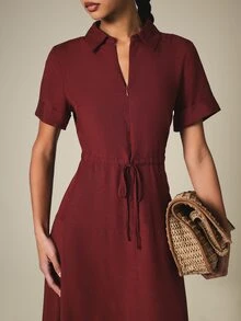 KSTM Vestido camisero midi con cremallera delantera, cuello de punta, cintura con cordón y mangas cortas para el verano - Burdeos - Ver 5