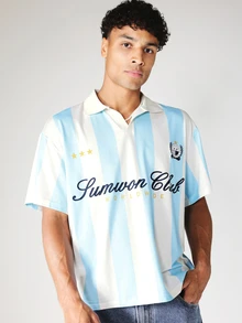 SUMWON Áo Polo Club Worldwide kẻ sọc dọc, có logo và cổ áo, kiểu dáng rộng rãi thoải mái. - Màu xanh lam - Xem 1