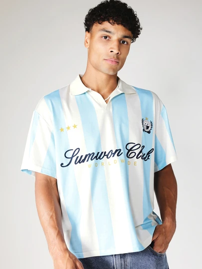 SUMWON Club Worldwide Vertical Striped Polo Shirt With Logo And Collared Neckline Casual Box Fit
