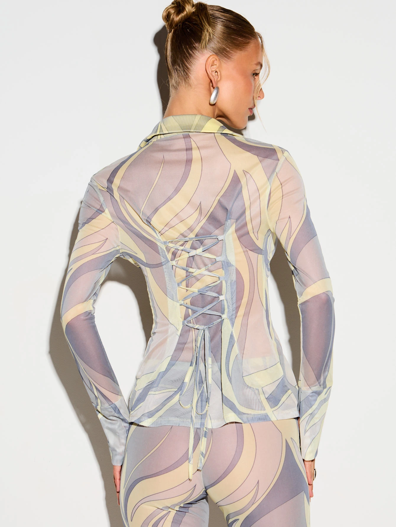 KIZN Sheer Swirl Print Shirt With Lace-Up Back