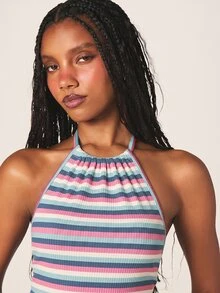 MISSGUIDED 条纹罗纹露背褶皱短款上衣和热裤两件套夏季海滩度假装 - 彩色 - 查看 6
