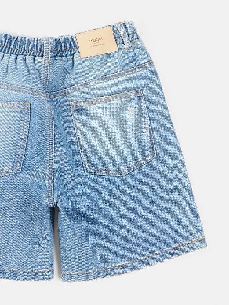 Boys Distressed Denim Shorts Mid Wash Elasticated Waist Drawstring Summer Casual Jean Shorts