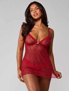 Missguided x Playboy Bộ đồ lót babydoll lưới có logo thỏ với viền ren, cổ chữ V, dây mảnh, chất liệu xuyên thấu. - Đỏ - Xem 4