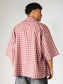 SUMWON 大码宽松格纹半袖纽扣衬衫，休闲日常夏季叠穿上衣 - 粉色 - 查看 2