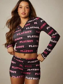 Missguided x Playboy Conjunto de pijama con top corto de manga larga con estampado total y shorts mini con cremallera en el cuello - Multicolor - Ver 5