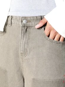 SUMWON Carpenter Denim Jort Wide Leg Baggy Shorts With Rhinestone Dot Detail And Patch Pockets Summer Street Style - Grey - View 6