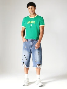 SUMWON Brasilien Weltmeisterschaft Grafik Ringer Tee Geschrumpfte Passform Rundhals Kurzarm Lässig Sommer T-Shirt Mit Kontrastbesatz - Grün - Übersicht 3