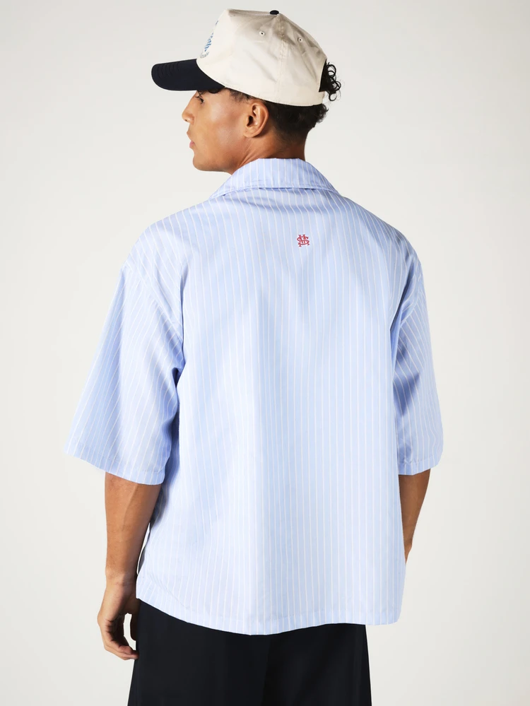 Boxy Fit Striped Short Sleeve Camp Collar Button-Up Shirt With Dual Chest Pockets And Embroidered Logo