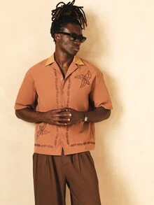 SUMWON Short Sleeve Embroidered Leaf Guayabera Shirt With Contrast Collar Camp Button-Down Summer Holiday - Brown - View 8