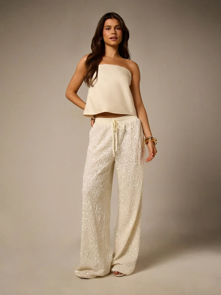 Wide Leg Sequin Trousers With Drawstring Waist