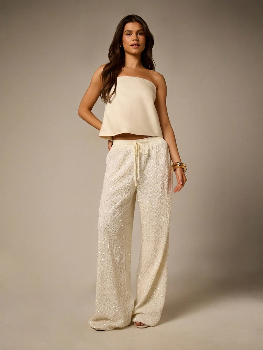 AiiRZ Quần ống rộng đính sequin, có dây rút ở eo, thích hợp cho các buổi tiệc tối và các dịp lễ hội. - Màu be - Xem 1