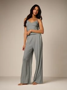 AiiRZ Cami And Trouser Pajama Set With V-Neckline Spaghetti Straps Wide Leg Pants Cozy Lounge Sleep Wear - Dark Grey - View 3