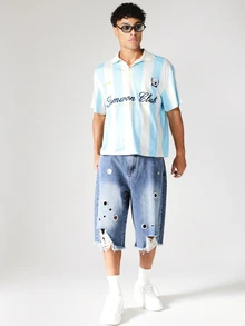 SUMWON Áo Polo Club Worldwide kẻ sọc dọc, có logo và cổ áo, kiểu dáng rộng rãi thoải mái. - Màu xanh lam - Xem 3