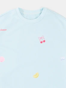 SUMWON Tween T-Shirt Co-Ord Set With Crew Neck Summer Fruit Cherry Shell Scatter Print And Matching Shorts - Blue - View 3
