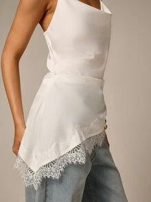 AiiRZ Áo hai dây phối ren xếp ly bằng satin, vạt áo bất đối xứng, cổ đổ và dây đeo vai mảnh có thể điều chỉnh. - trắng - Xem 5