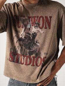 SUMWON Suwon Studios Oversized Boxy Graphic Tee With Cowboy Western Print Acid Washed Crew Neck Short Sleeve - Brown - View 6
